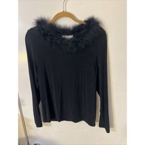 Vintage Dress Barn Black Feather Boa Boat Neck Sweater Liquid Knit Y2K Large‎